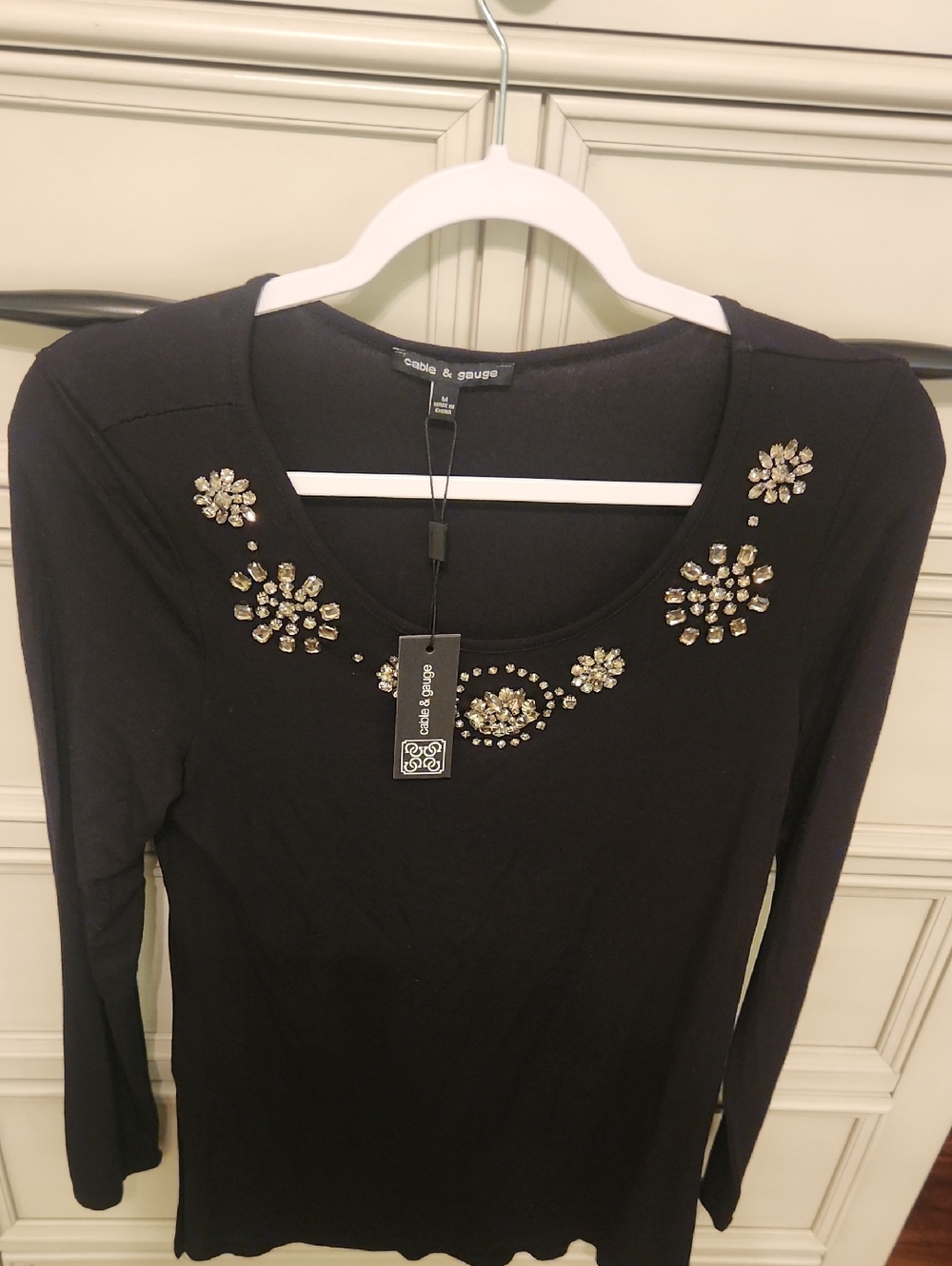 Cable & Gauge Black Long Sleeve Scoop Neck Top with Crystal Accents